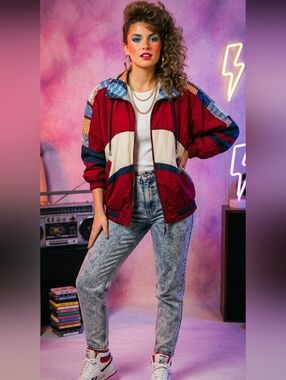 Vtg Colorful Wine Blue White Gold Windbreaker Jacket Womens Sz S EUC